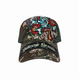 Bullseye Brand Camo Skull Roses Born Lucky Embroidered Hat Rhinestone Biker Y2K